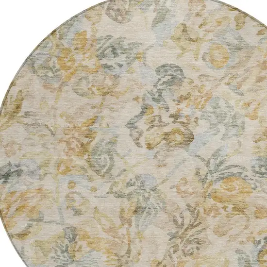 8' Wheat And Gold Round Floral Washable Indoor Outdoor Area Rug Photo 3