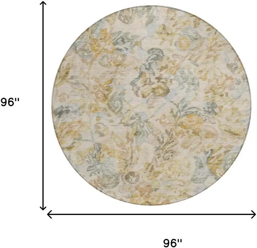 8' Wheat And Gold Round Floral Washable Indoor Outdoor Area Rug Photo 7