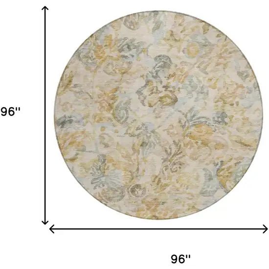 8' Wheat And Gold Round Floral Washable Indoor Outdoor Area Rug Photo 7