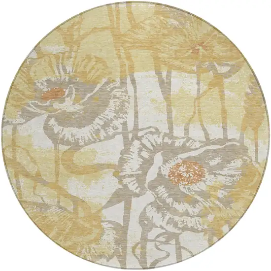 8' Wheat And Gold Round Floral Washable Indoor Outdoor Area Rug Photo 2