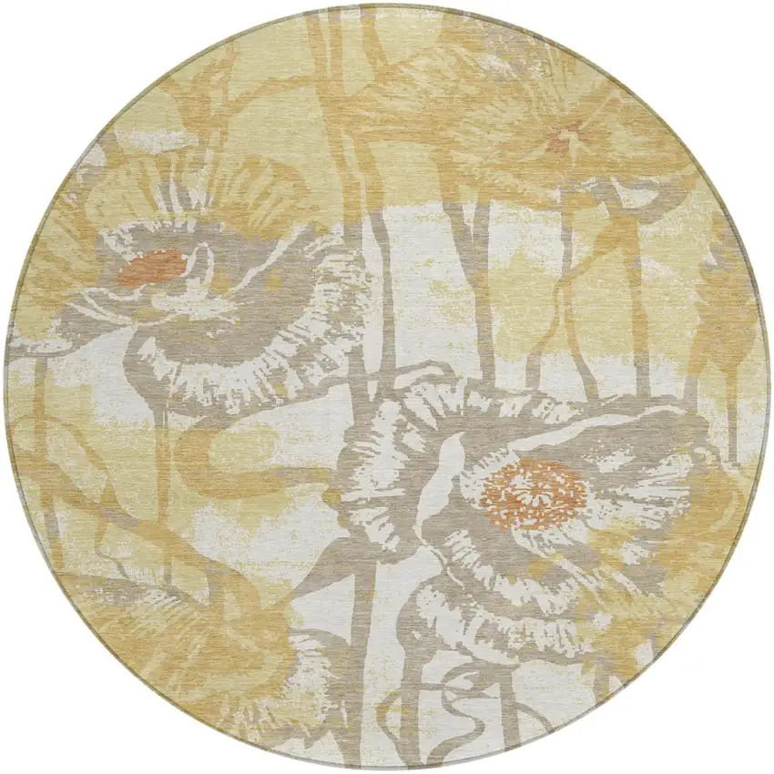 8' Wheat And Gold Round Floral Washable Indoor Outdoor Area Rug Photo 2
