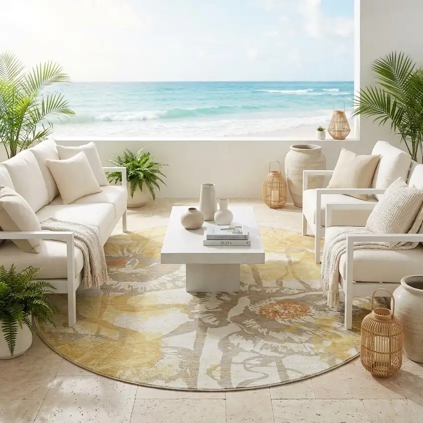 8' Wheat And Gold Round Floral Washable Indoor Outdoor Area Rug Photo 1