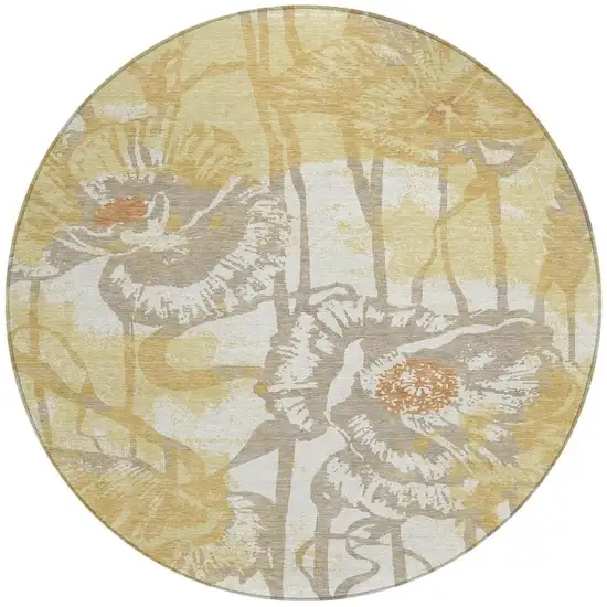 8' Wheat And Gold Round Floral Washable Indoor Outdoor Area Rug Photo 4