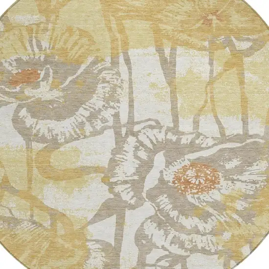 8' Wheat And Gold Round Floral Washable Indoor Outdoor Area Rug Photo 3