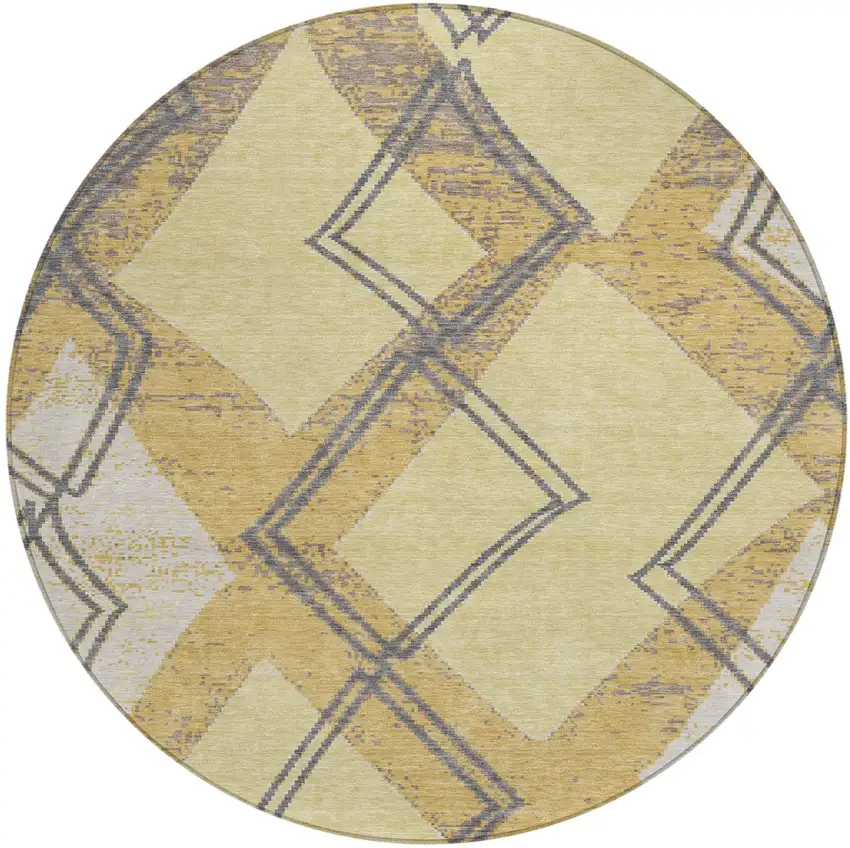 8' Wheat And Gold Round Geometric Washable Indoor Outdoor Area Rug Photo 1