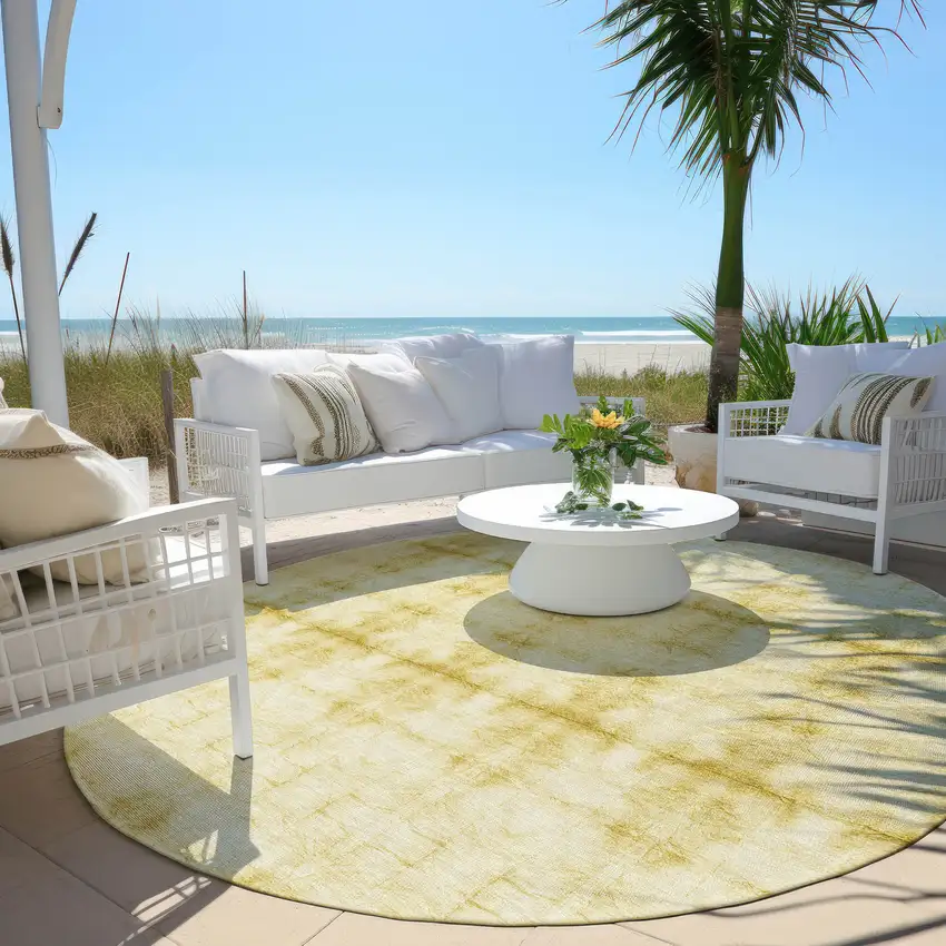 8' Wheat And Gold Round Geometric Washable Indoor Outdoor Area Rug Photo 6