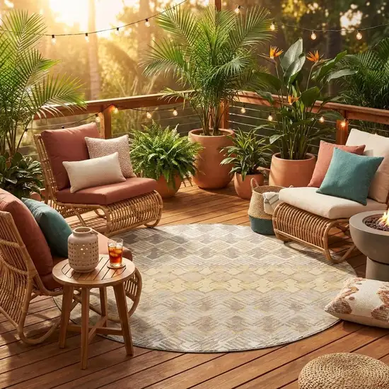 8' Wheat And Gold Round Striped Washable Indoor Outdoor Area Rug Photo 1