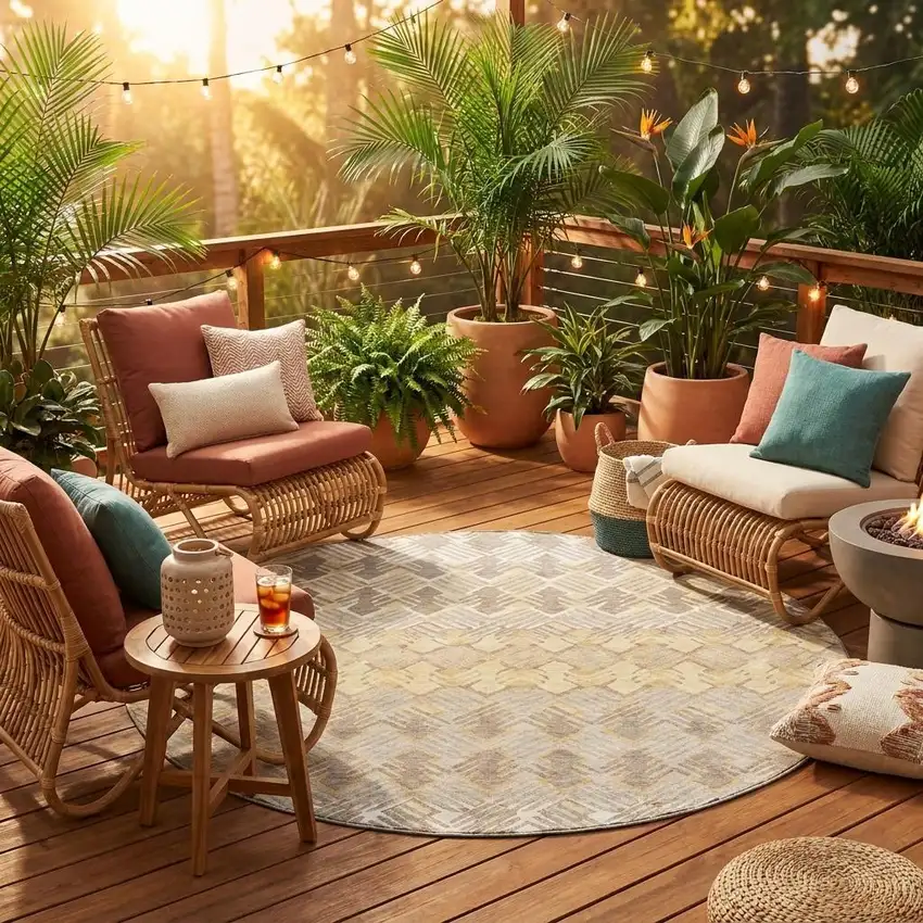 8' Wheat And Gold Round Striped Washable Indoor Outdoor Area Rug Photo 1