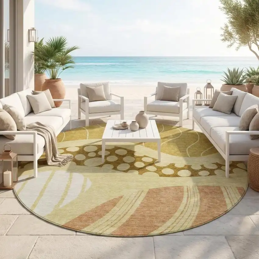 8' Wheat And Graphite Round Abstract Washable Indoor Outdoor Area Rug Photo 1