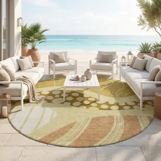 8' Wheat And Graphite Round Abstract Washable Indoor Outdoor Area Rug Photo 1