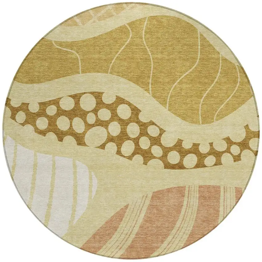 8' Wheat And Graphite Round Abstract Washable Indoor Outdoor Area Rug Photo 3