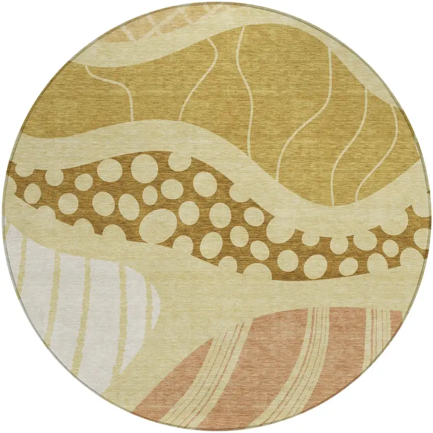 8' Wheat And Graphite Round Abstract Washable Indoor Outdoor Area Rug Photo 2