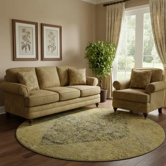 8' Wheat And Gray Medallion Washable Round Rug With UV Protection Photo 2