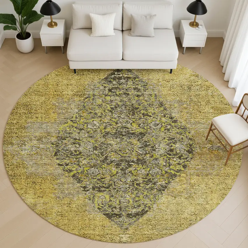 8' Wheat And Gray Medallion Washable Round Rug With UV Protection Photo 5
