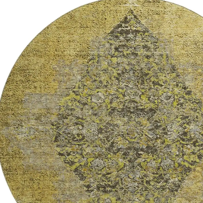 8' Wheat And Gray Medallion Washable Round Rug With UV Protection Photo 6