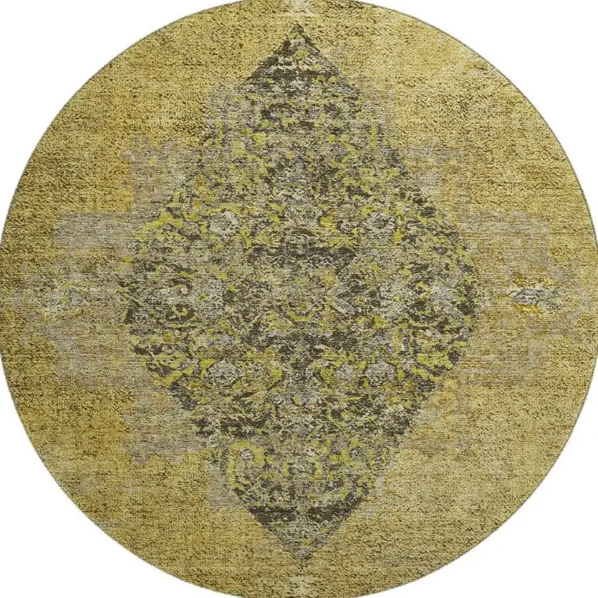 8' Wheat And Gray Medallion Washable Round Rug With UV Protection Photo 7