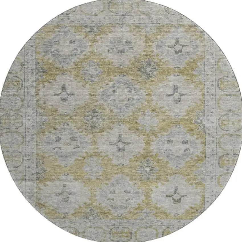 8' Wheat And Gray Oriental Washable Round Rug With UV Protection Photo 3