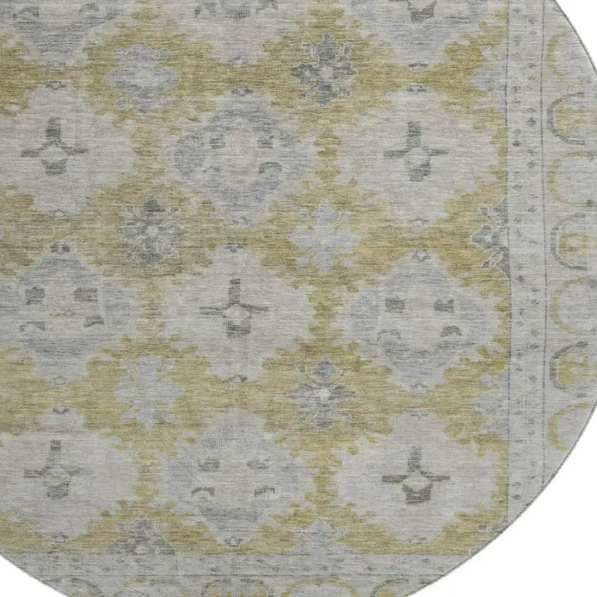 8' Wheat And Gray Oriental Washable Round Rug With UV Protection Photo 2