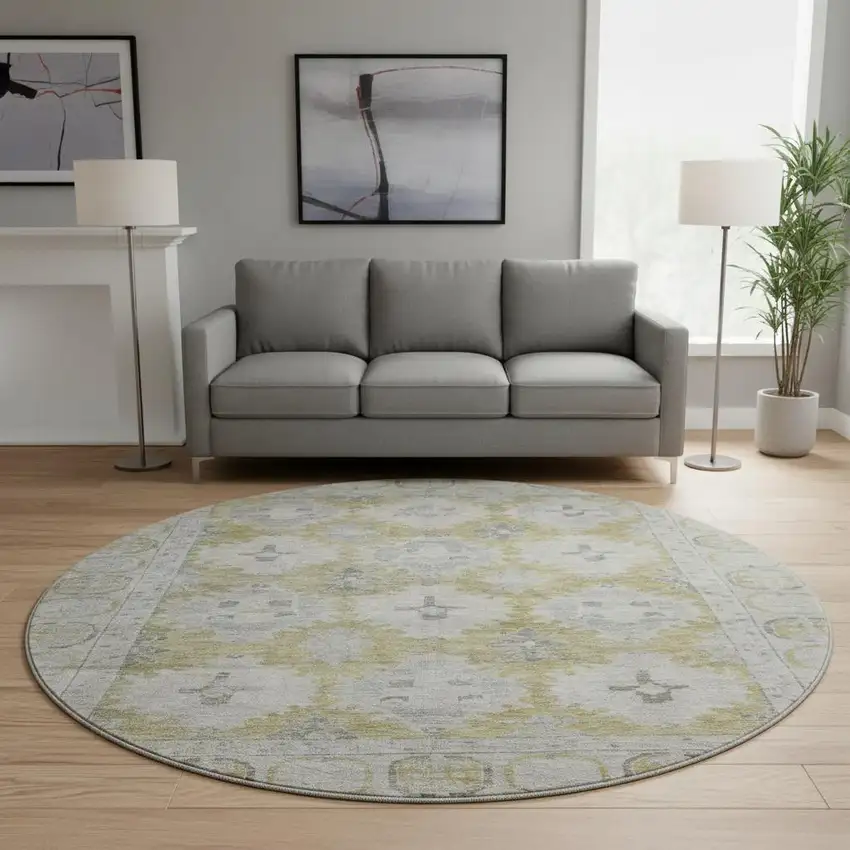 8' Wheat And Gray Oriental Washable Round Rug With UV Protection Photo 2