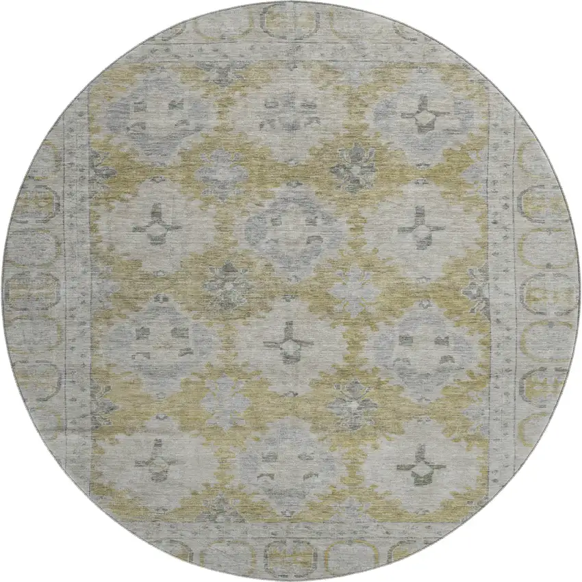 8' Wheat And Gray Oriental Washable Round Rug With UV Protection Photo 1