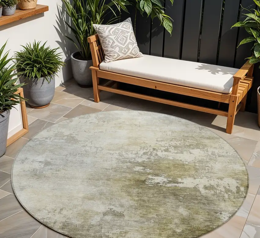 8' Wheat And Gray Round Abstract Washable Indoor Outdoor Area Rug Photo 1