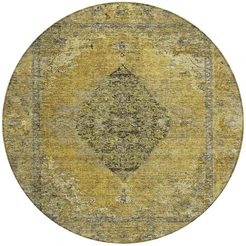 8' Wheat And Gray Round Medallion Washable Indoor Outdoor Area Rug Photo 3