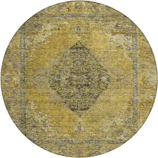 8' Wheat And Gray Round Medallion Washable Indoor Outdoor Area Rug Photo 1
