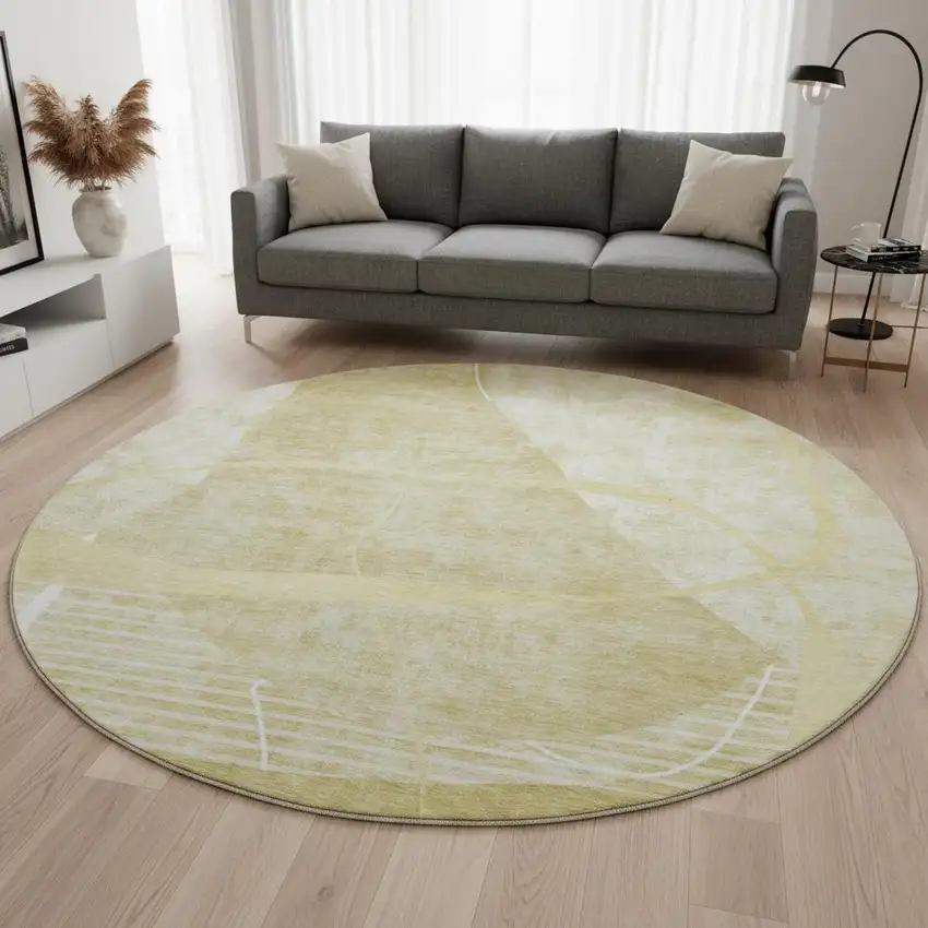 8' Wheat And Ivory Abstract Geometric Washable Round Rug With UV Protection Photo 2
