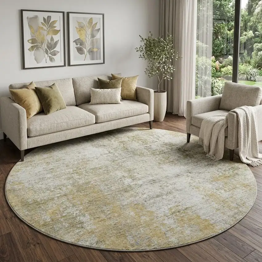 8' Wheat And Ivory Abstract Washable Round Rug With UV Protection Photo 1