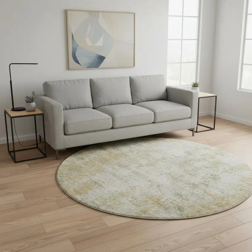 8' Wheat And Ivory Abstract Washable Round Rug With UV Protection Photo 2