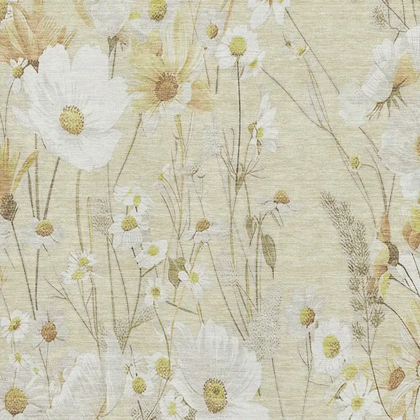 8' Wheat And Ivory Floral Washable Area Rug With UV Protection Photo 2