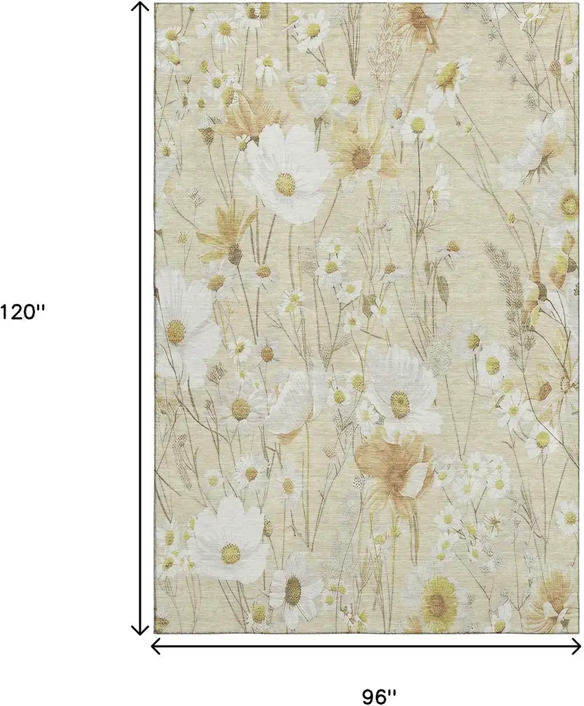 8' Wheat And Ivory Floral Washable Area Rug With UV Protection Photo 6
