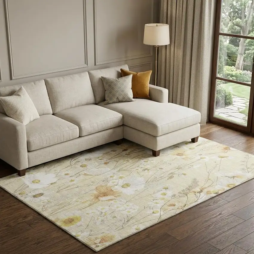 8' Wheat And Ivory Floral Washable Area Rug With UV Protection Photo 1