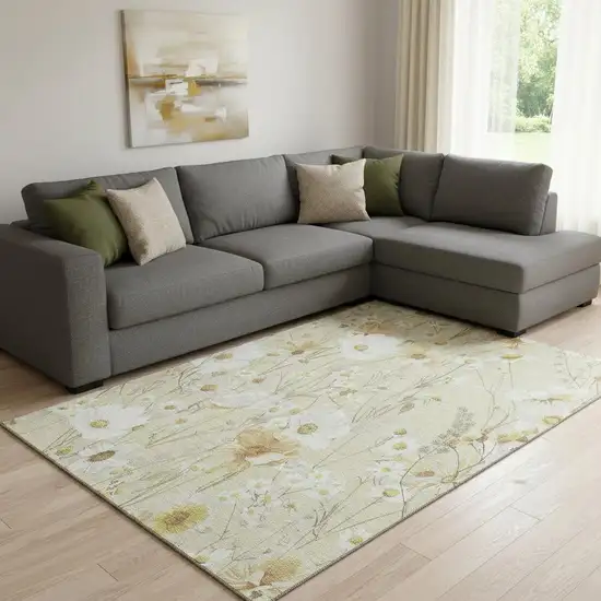 8' Wheat And Ivory Floral Washable Area Rug With UV Protection Photo 2