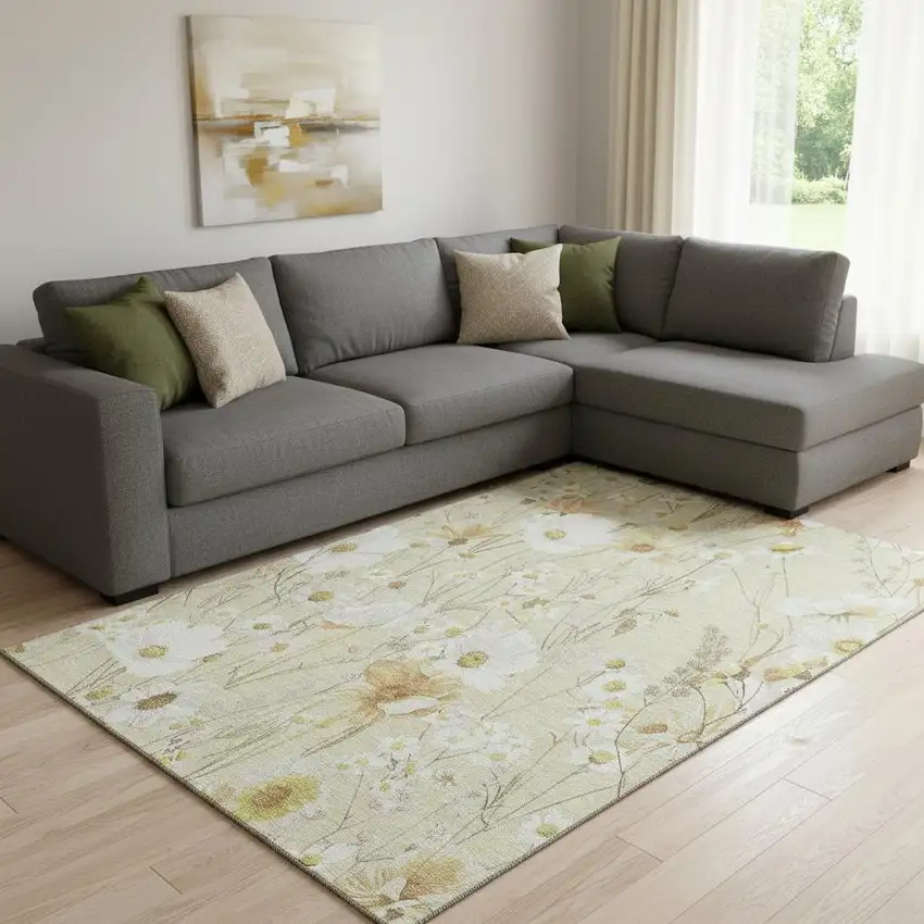 8' Wheat And Ivory Floral Washable Area Rug With UV Protection Photo 2