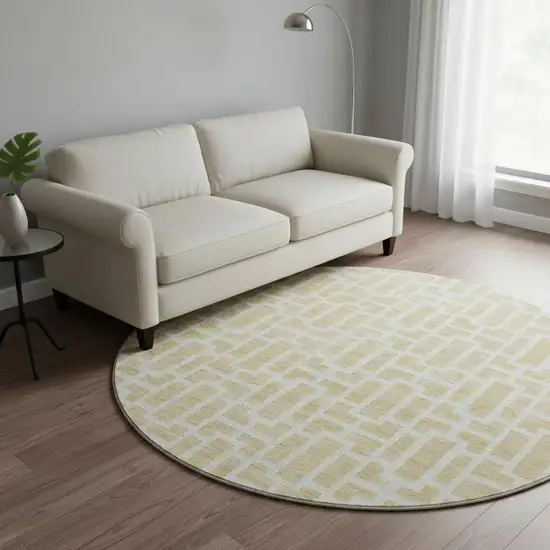 8' Wheat And Ivory Geometric Washable Round Rug With UV Protection Photo 2
