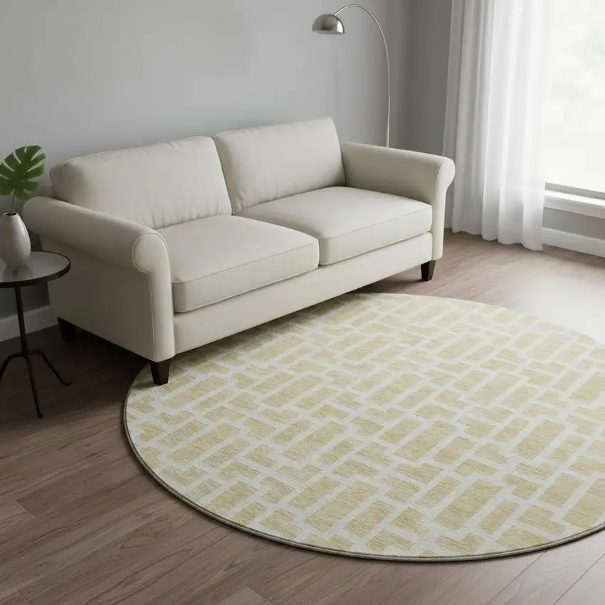 8' Wheat And Ivory Geometric Washable Round Rug With UV Protection Photo 2