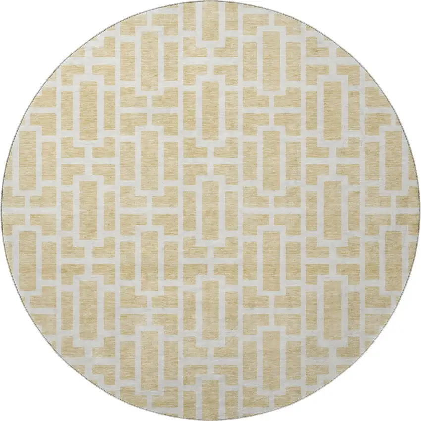 8' Wheat And Ivory Geometric Washable Round Rug With UV Protection Photo 4
