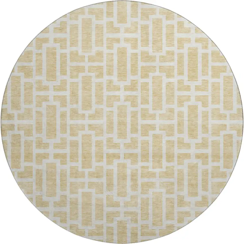 8' Wheat And Ivory Geometric Washable Round Rug With UV Protection Photo 1