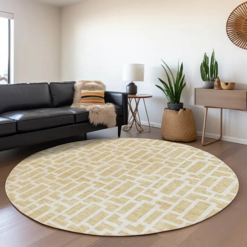 8' Wheat And Ivory Geometric Washable Round Rug With UV Protection Photo 5