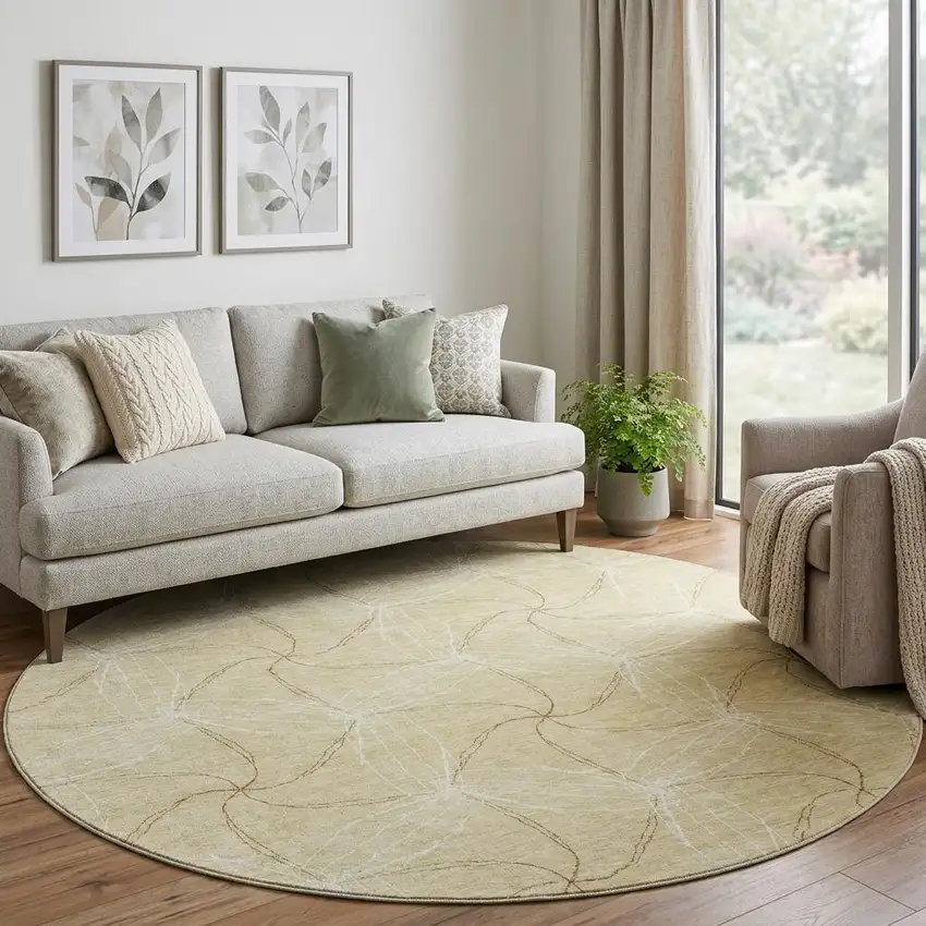 8' Wheat And Ivory Geometric Washable Round Rug With UV Protection Photo 1