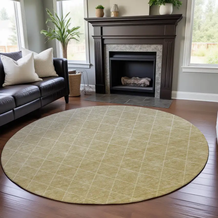 8' Wheat And Ivory Geometric Washable Round Rug With UV Protection Photo 4