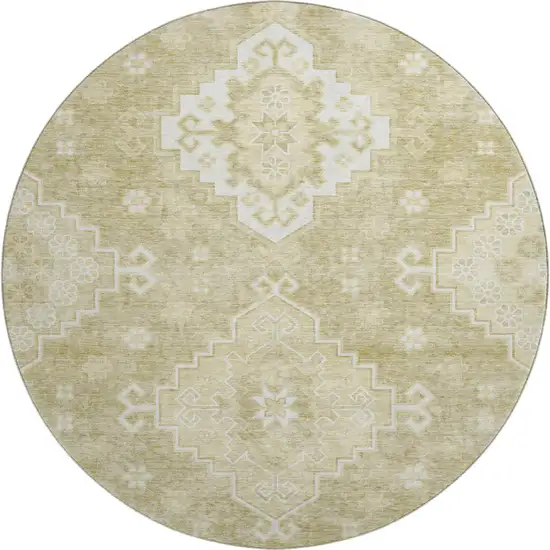 8' Wheat And Ivory Medallion Washable Round Rug With UV Protection Photo 2