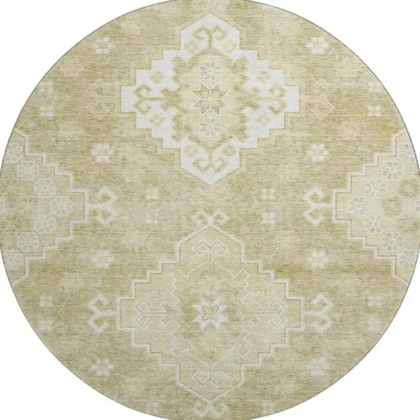8' Wheat And Ivory Medallion Washable Round Rug With UV Protection Photo 4