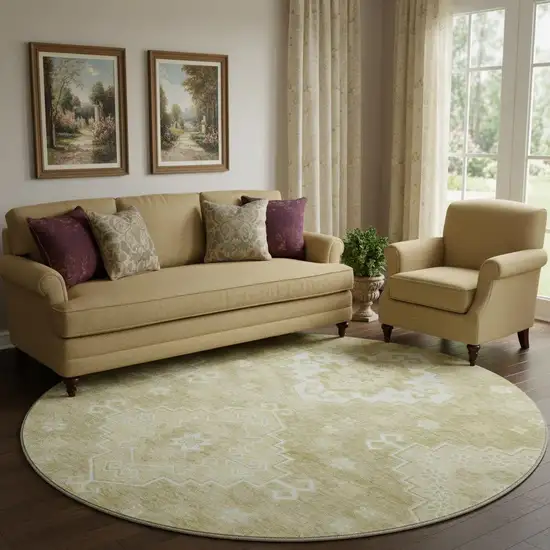 8' Wheat And Ivory Medallion Washable Round Rug With UV Protection Photo 1