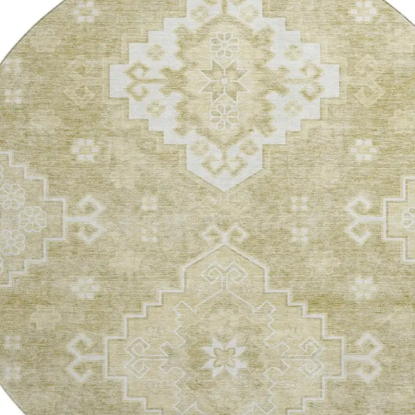 8' Wheat And Ivory Medallion Washable Round Rug With UV Protection Photo 3