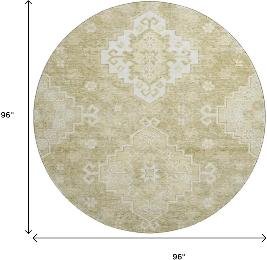 8' Wheat And Ivory Medallion Washable Round Rug With UV Protection Photo 3