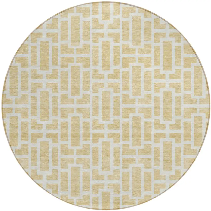 8' Wheat And Ivory Round Geometric Washable Indoor Outdoor Area Rug Photo 2