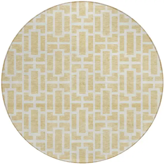 8' Wheat And Ivory Round Geometric Washable Indoor Outdoor Area Rug Photo 2