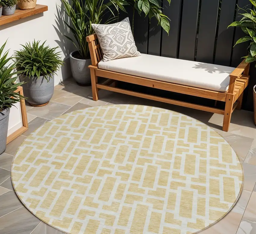 8' Wheat And Ivory Round Geometric Washable Indoor Outdoor Area Rug Photo 1